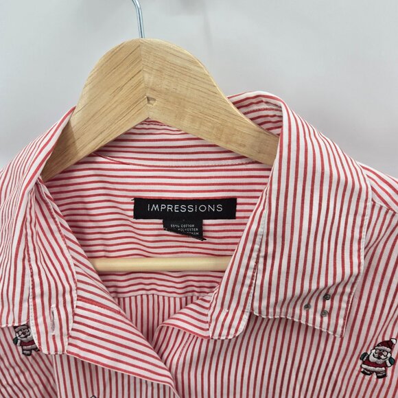 Impressions Red White Striped Santa Holiday Embroidered Button Up Shirt Size 14 - Picture 11 of 11